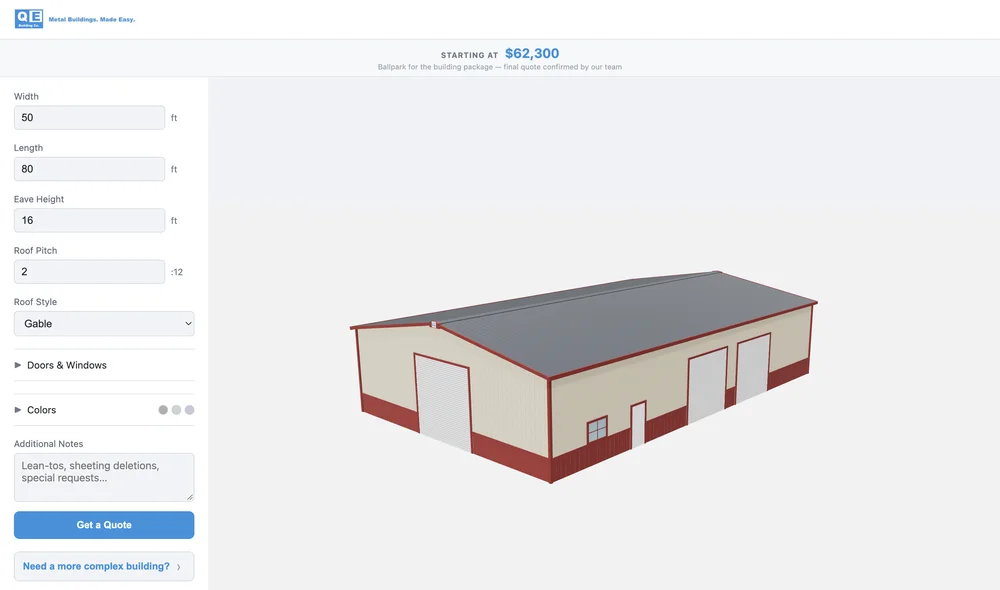 QE 3D building designer: a 50x80x16 tan and red metal building with roll-up doors, live starting price and size controls